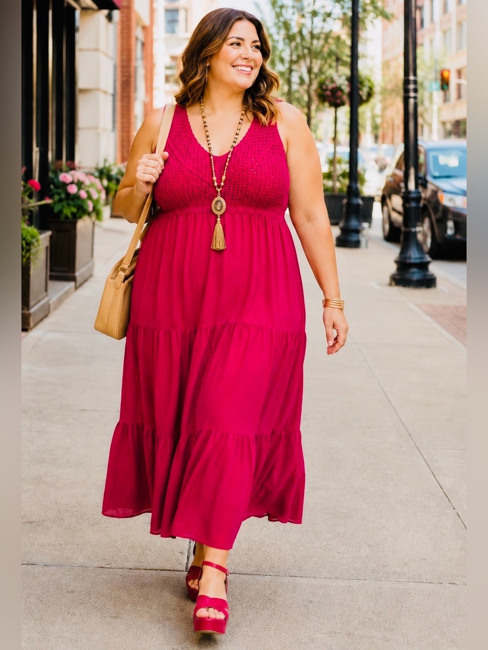 NWT 9 West SZ XXL Fuchsia Sleeveless Tiered Dress w/Crochet Bodice Bust 48”-56”